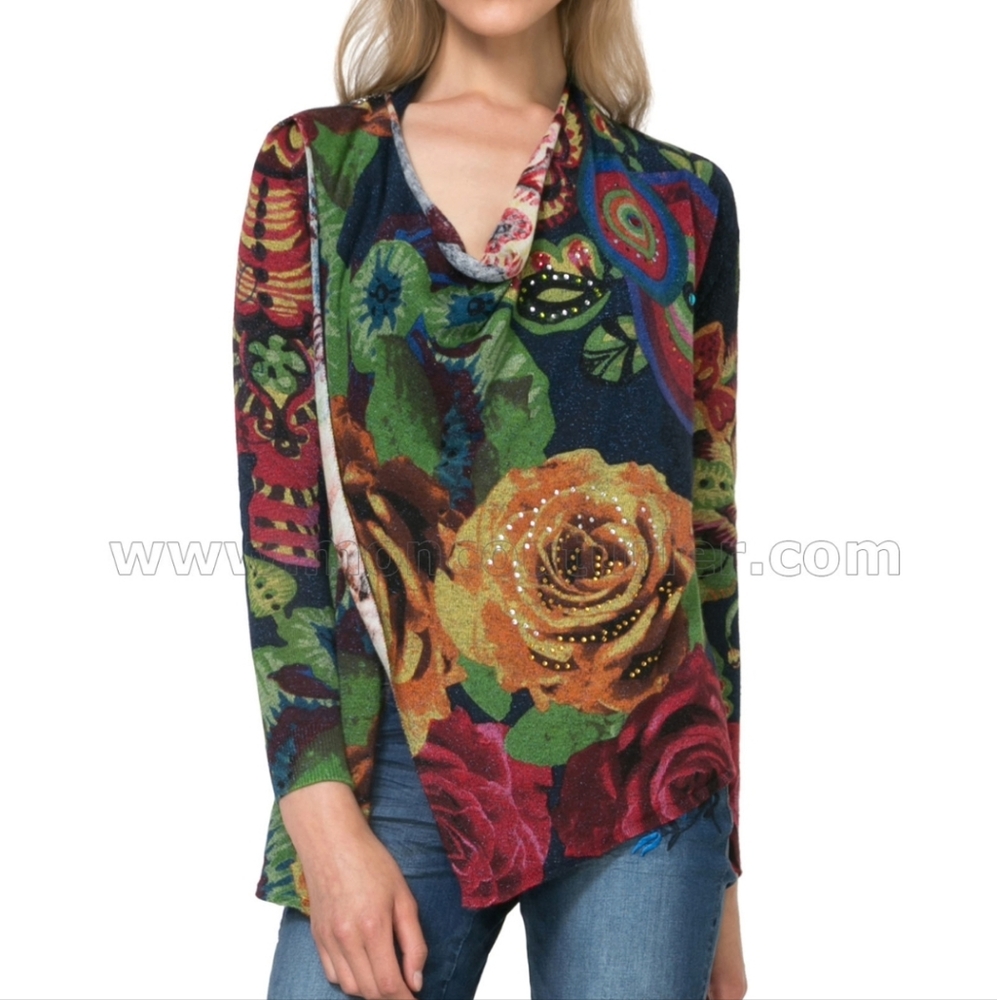 Desigual Cross Zip Open Cardigan Multicolor Embellished Sweater